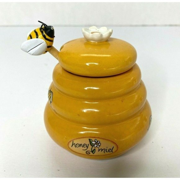 Honey Miel Other - Ceramic Honey Miel Jar Honey Pot Bee Dipper And Bee Hive With Daisy